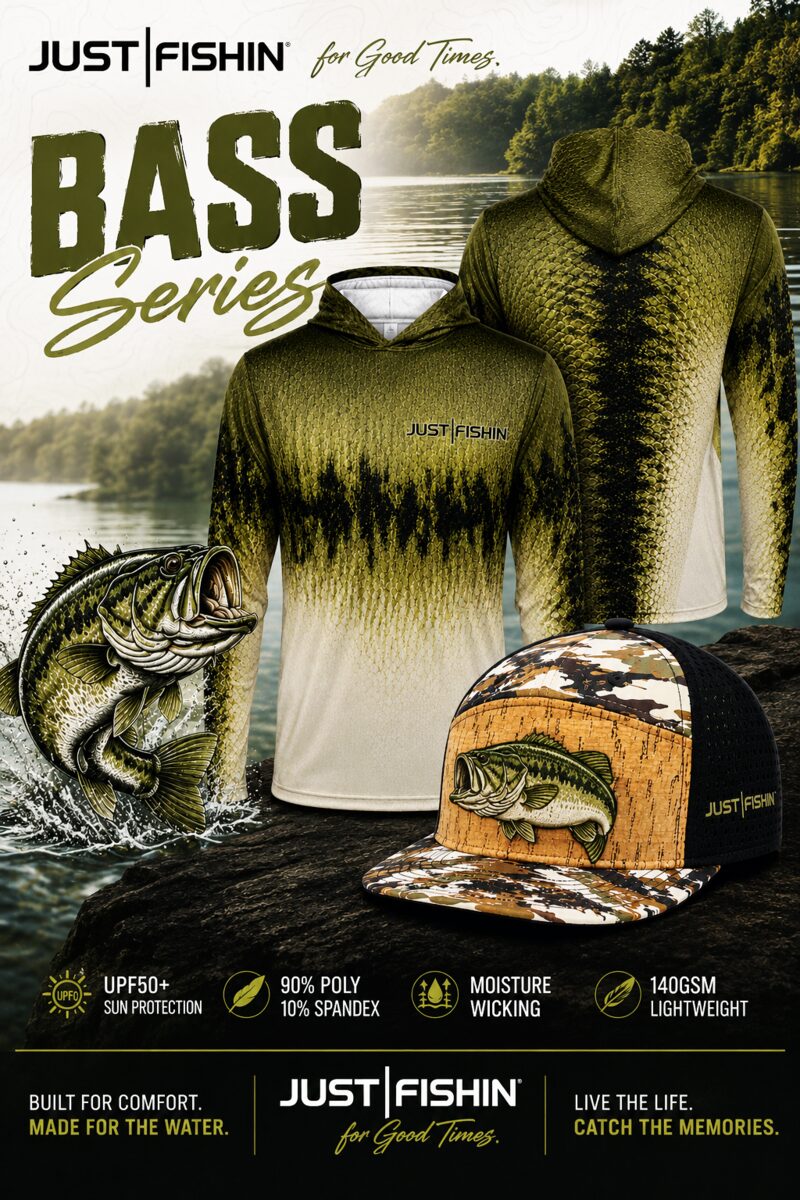 Just Fishin' Bass series: olive-green fade sublimation shirt, front and back, with matching cork-brim bass hat