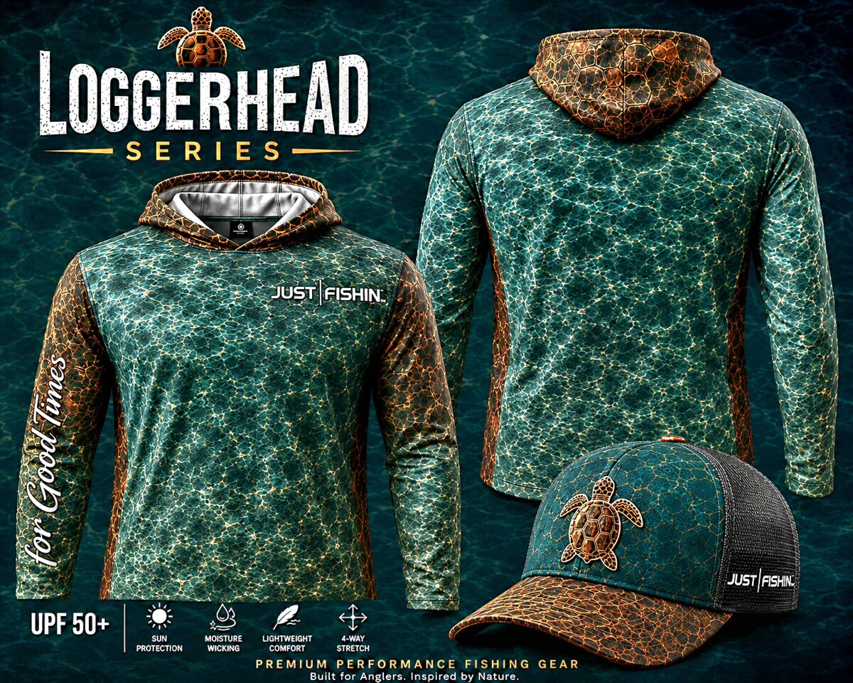 Just Fishin' Loggerhead series: green-and-copper sea-turtle sublimation shirt, front and back, with matching loggerhead hat