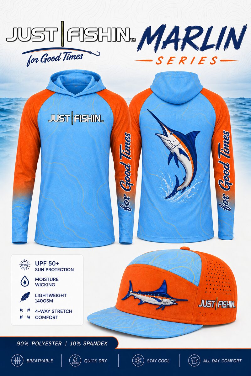 Just Fishin' Marlin series: blue and orange sublimation shirt, front and back, with matching marlin hat