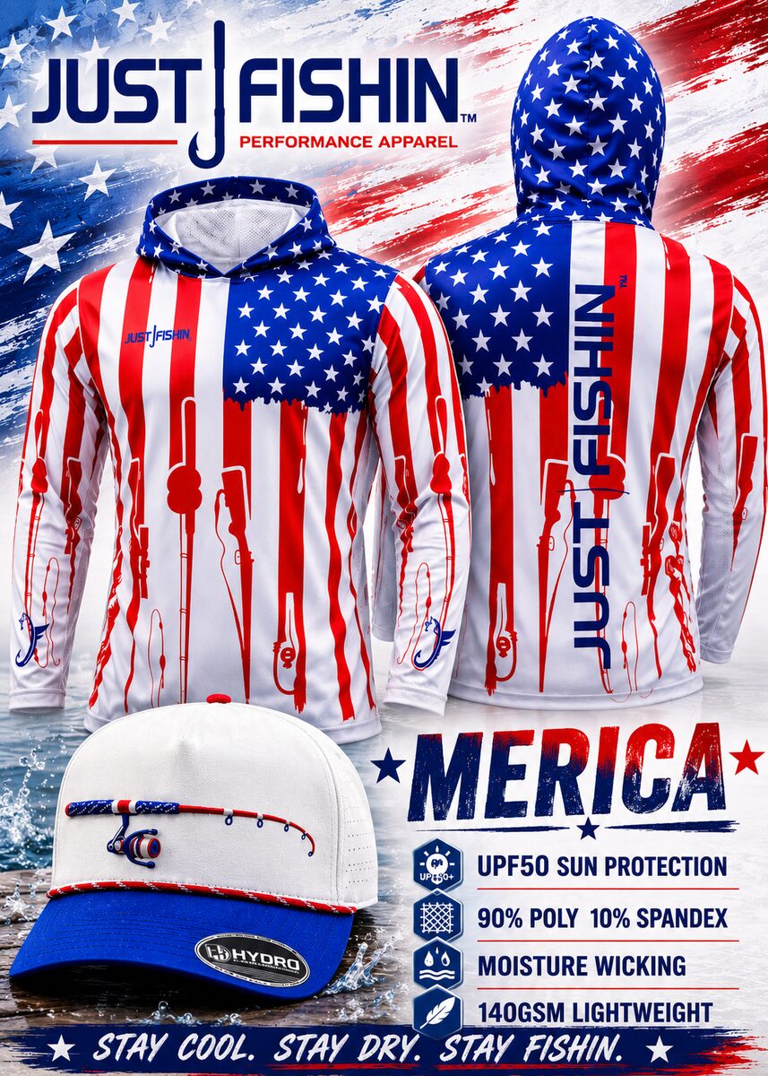 Just Fishin' 'Merica series: red-white-and-blue flag sublimation hoodie, front and back, with matching rope hat