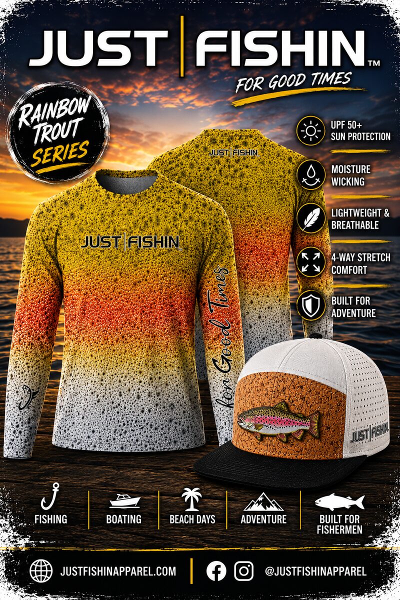 Just Fishin' Rainbow Trout series: yellow-and-orange fade sublimation shirt, front and back, with matching trout hat