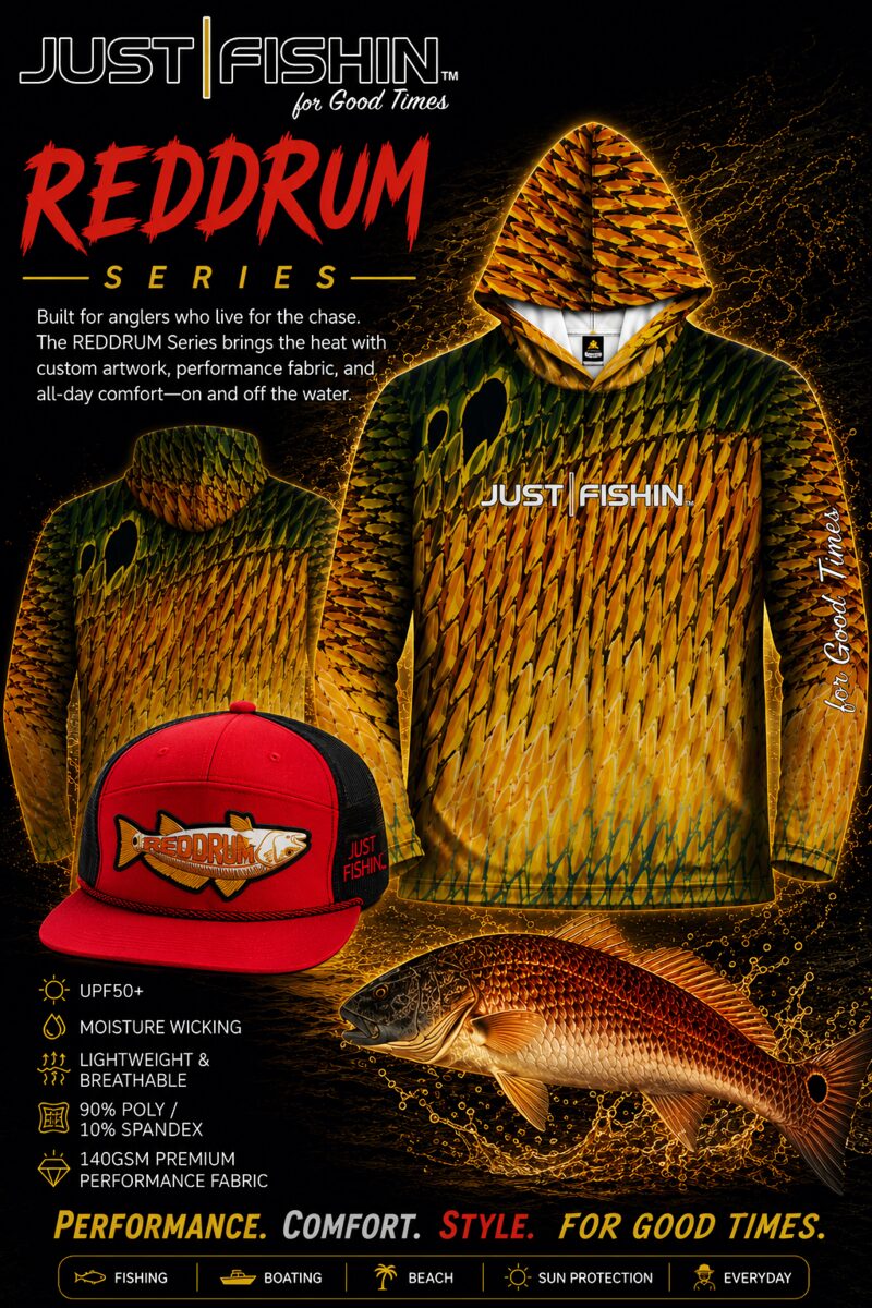 Just Fishin' Reddrum series: red-and-gold sublimation shirt on black, front and back, with matching red drum hat