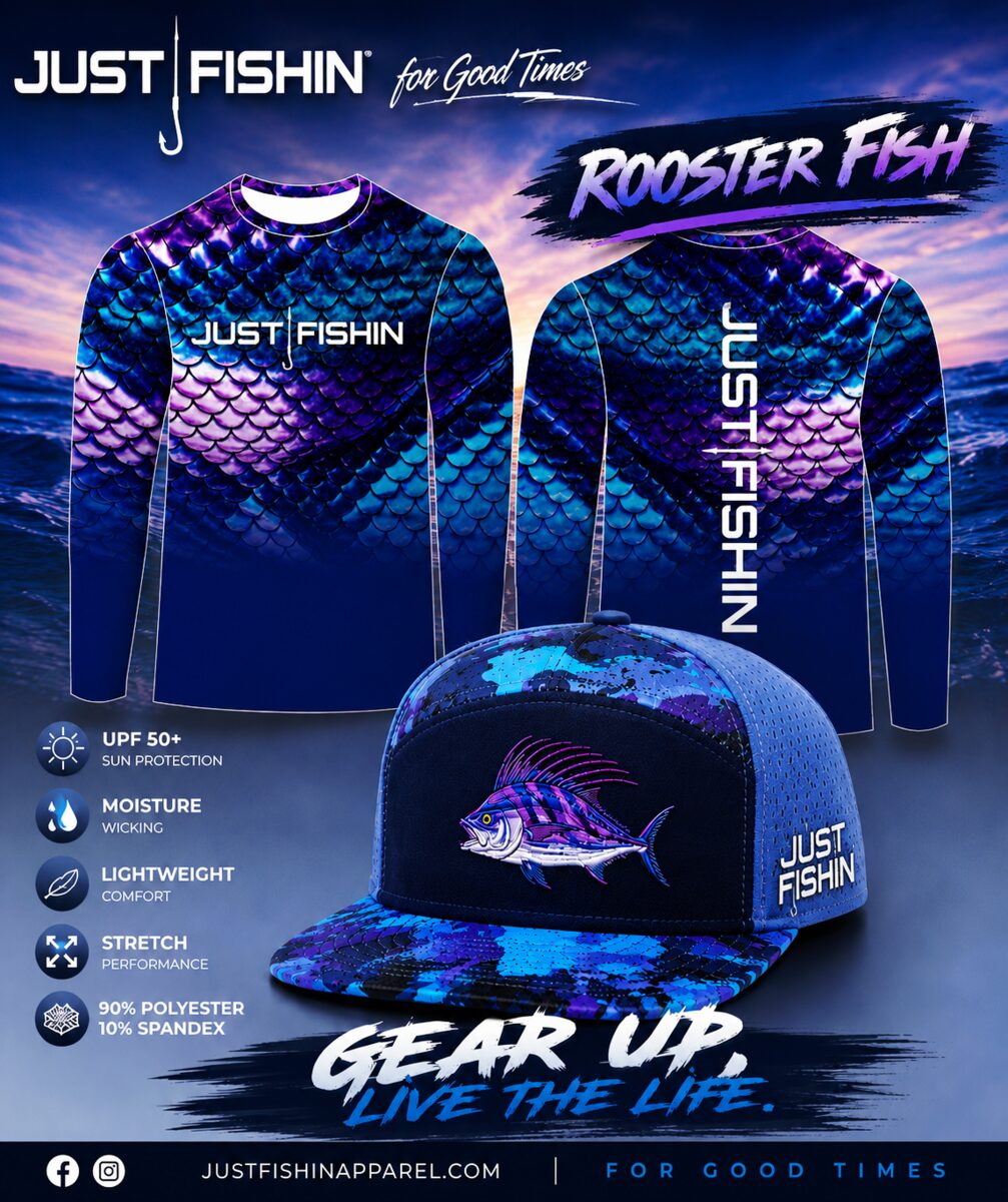 Just Fishin' Rooster Fish series: purple-and-blue scale sublimation shirt, front and back, with matching rooster fish hat