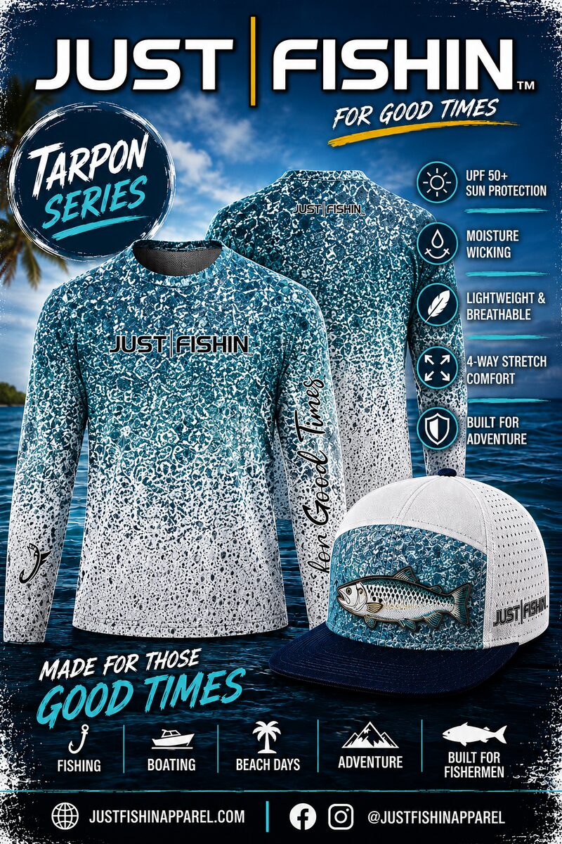 Just Fishin' Tarpon series: teal-and-white scale-fade sublimation shirt, front and back, with matching tarpon hat