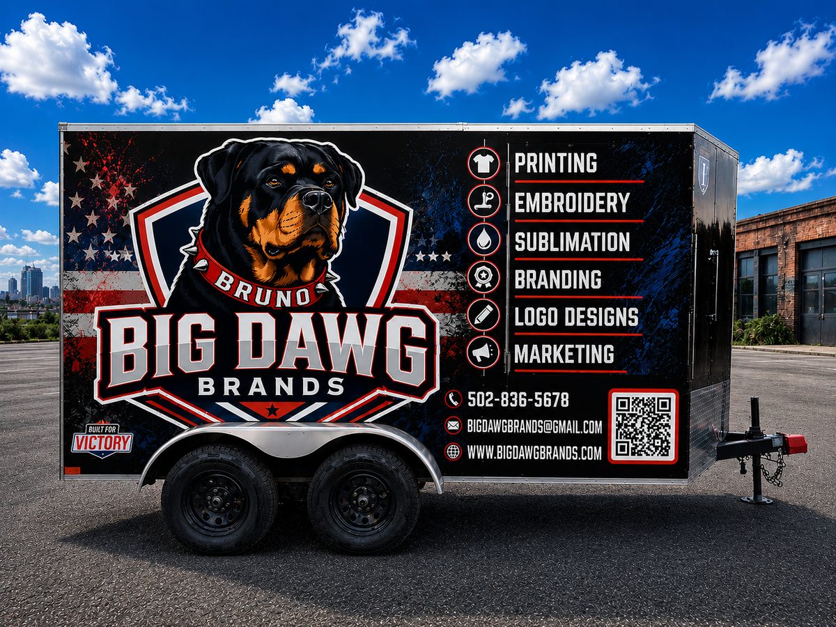 The Big Dawg Brands trailer: Bruno crest, services, and contact info on a full wrap